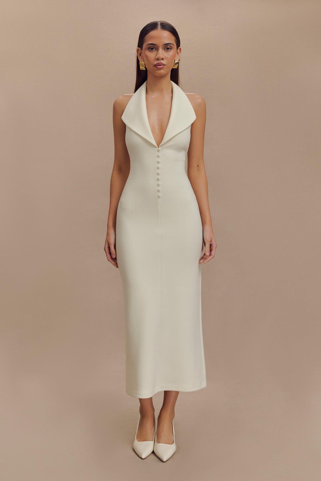 Annita Crepe Halter Midi Dress - Ivory Product Image