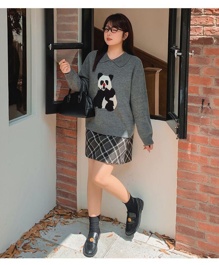 Long-Sleeve Panda Print Collared Sweater Product Image