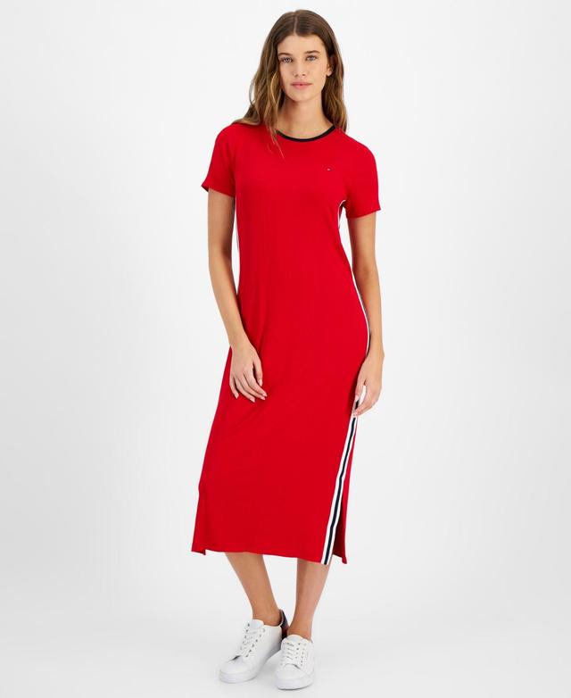 Tommy Hilfiger Womens Contrast-Stripe Ribbed Knit Midi Dress Product Image