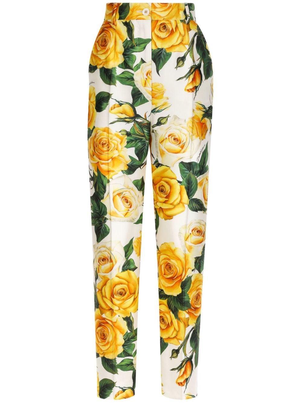 Rose-print High-waisted Trousers In White Product Image