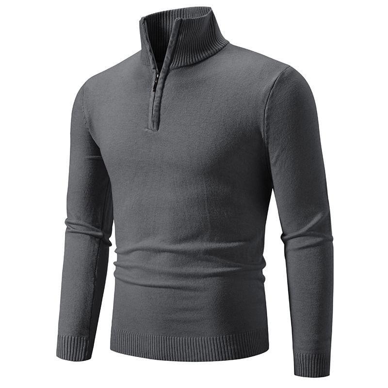 Long-Sleeve Mock Neck Plain Half-Zip Knit Top Product Image