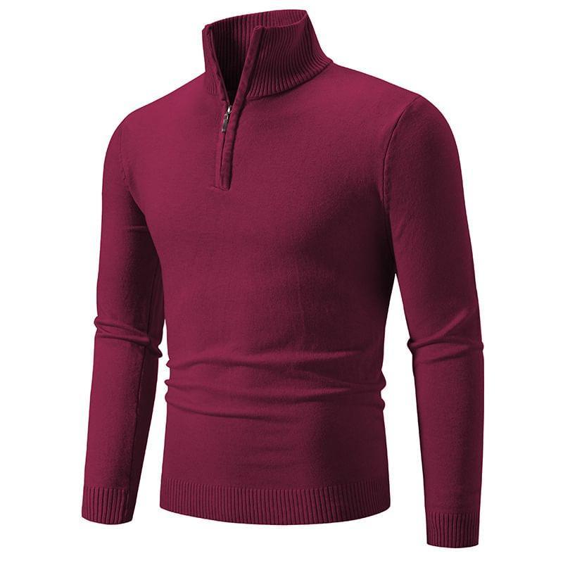 Long-Sleeve Mock Neck Plain Half-Zip Knit Top Product Image