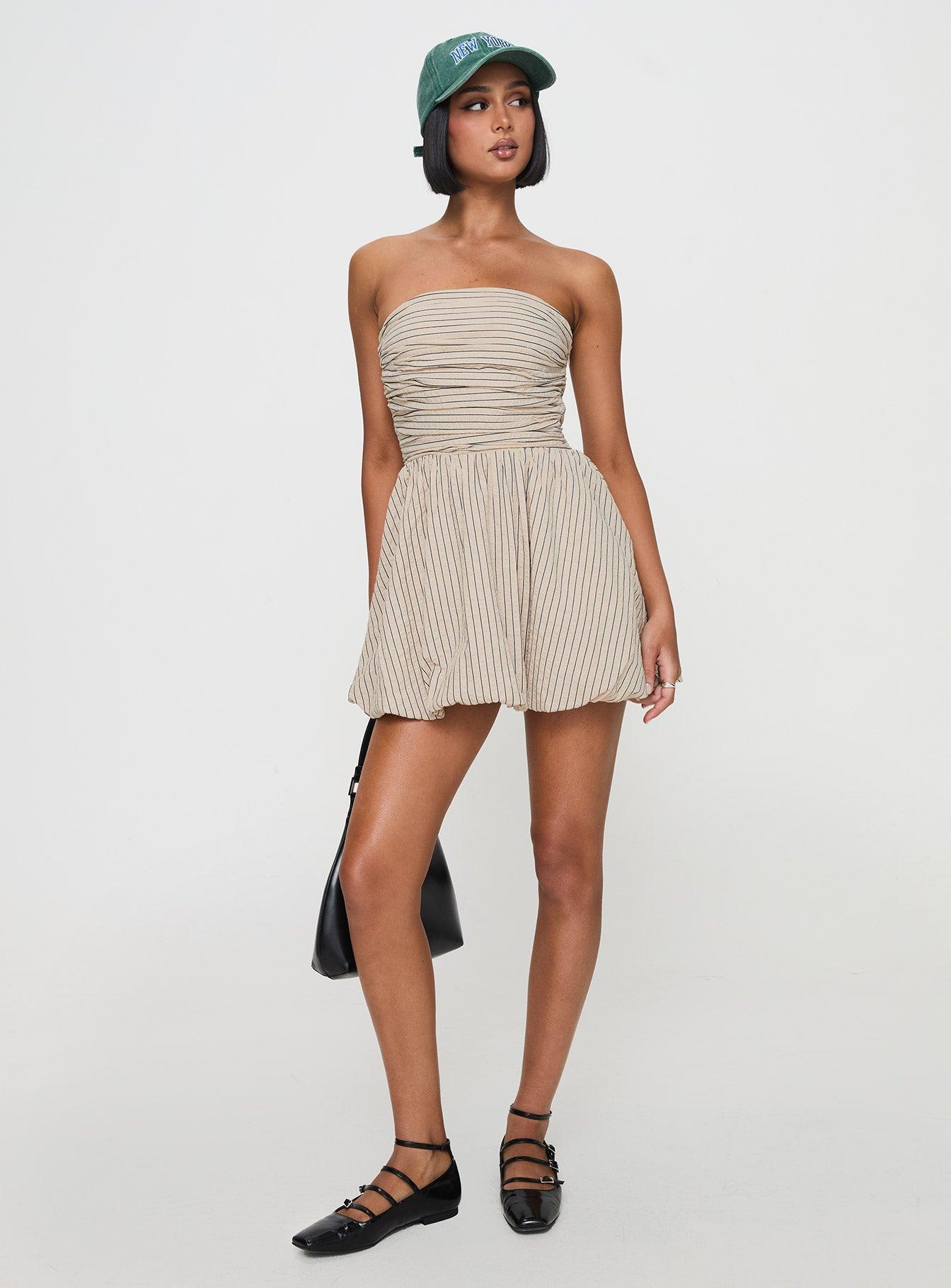 Quinette Strapless Bubble Hem Mini Dress Beige Stripe Product Image