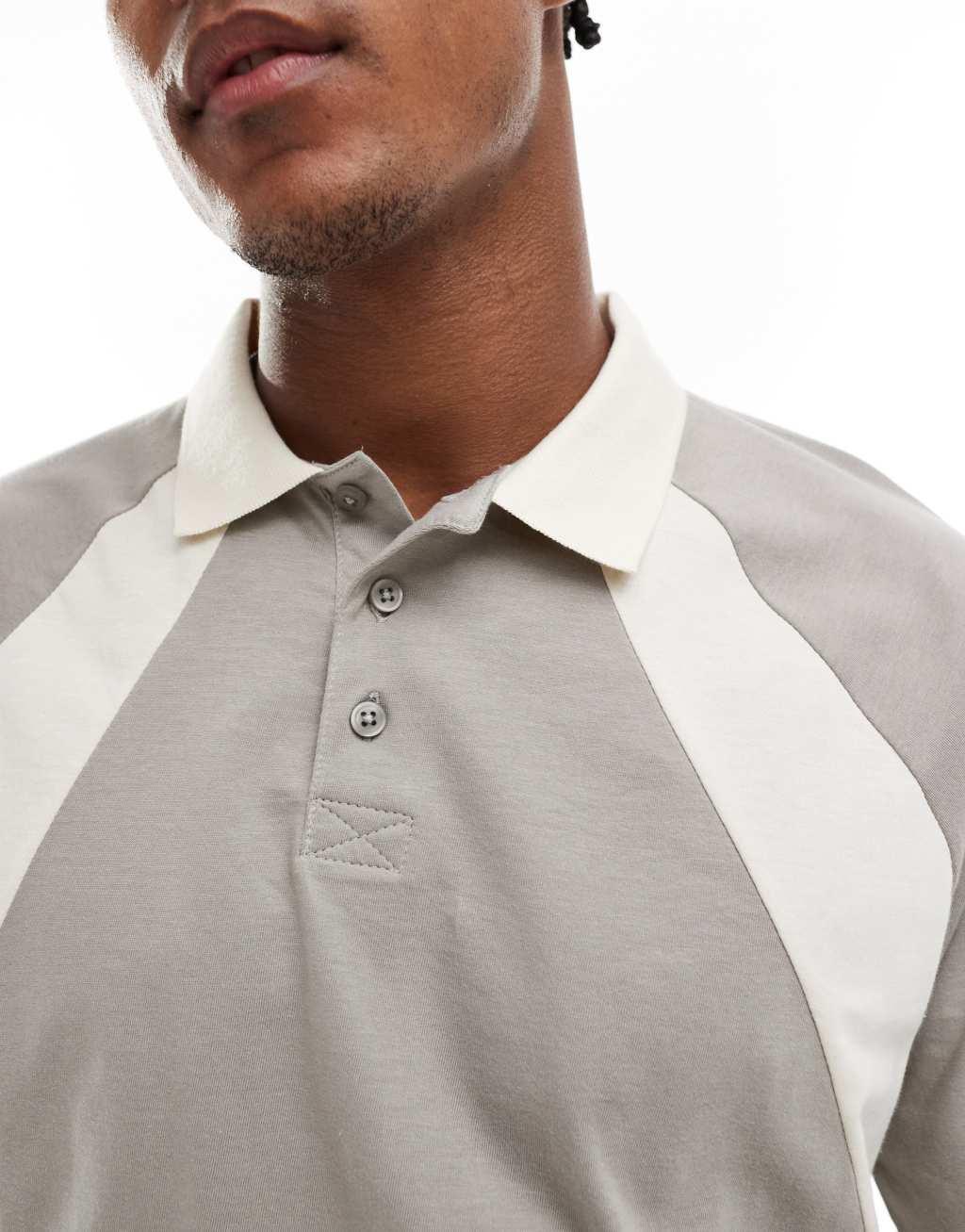 ASOS DESIGN relaxed raglan polo with cut and sew in khaki Product Image