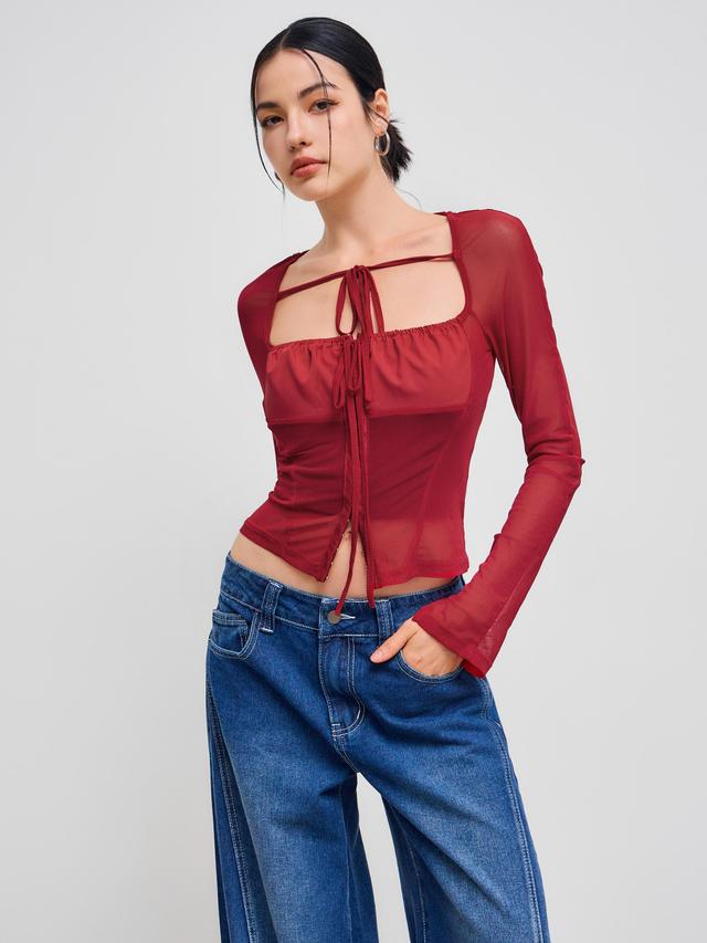 Mesh Square Neck Solid See-through Knotted Long Sleeve Top Product Image