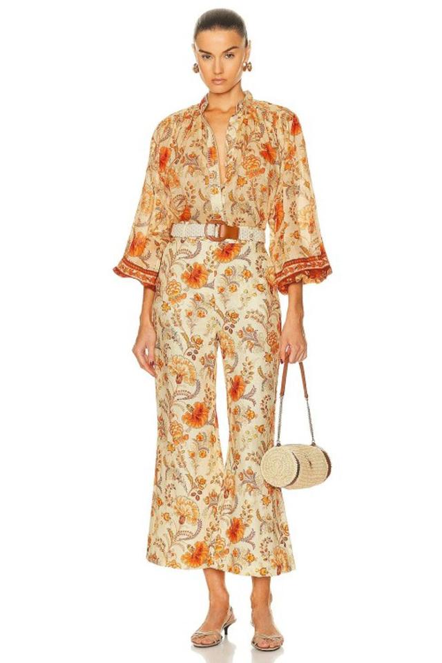 Junie Gathered Embellished Floral-print Ramie Blouse In Orange Product Image