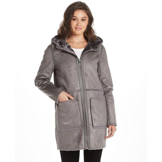 Womens Weathercast Hooded Heavyweight Faux Shearling Walker Jacket Gray Grey Product Image