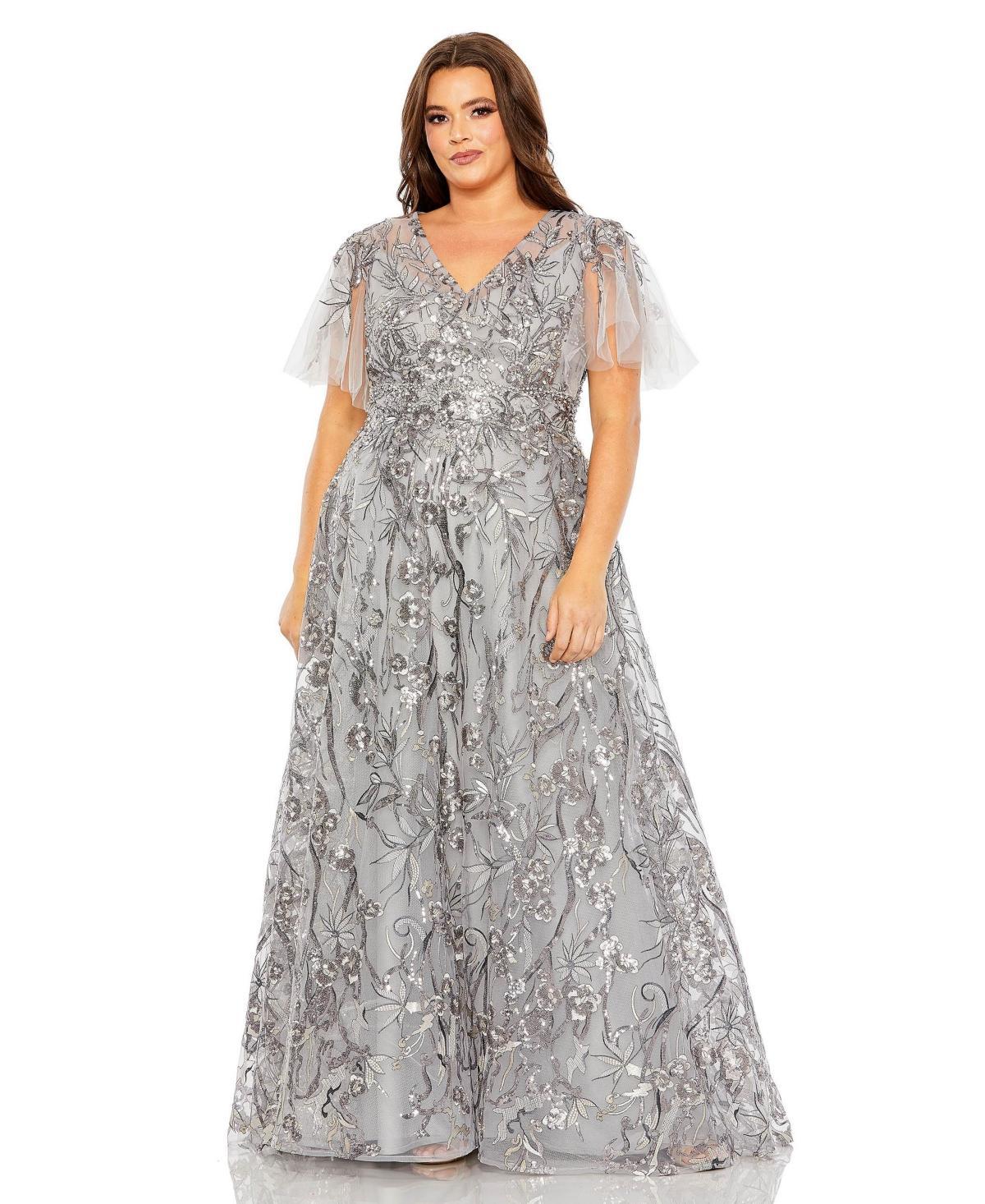 Womens Fabulouss Flutter-Sleeve Embellished Plus-Size Gown Product Image