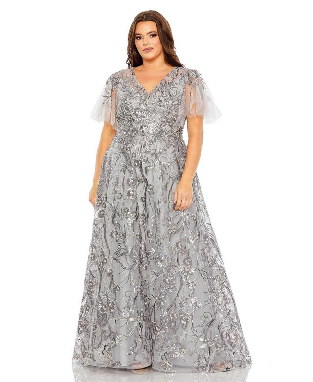 Mac Duggal Plus Size Short Flutter Sleeve V-Neck Embellished A Product Image