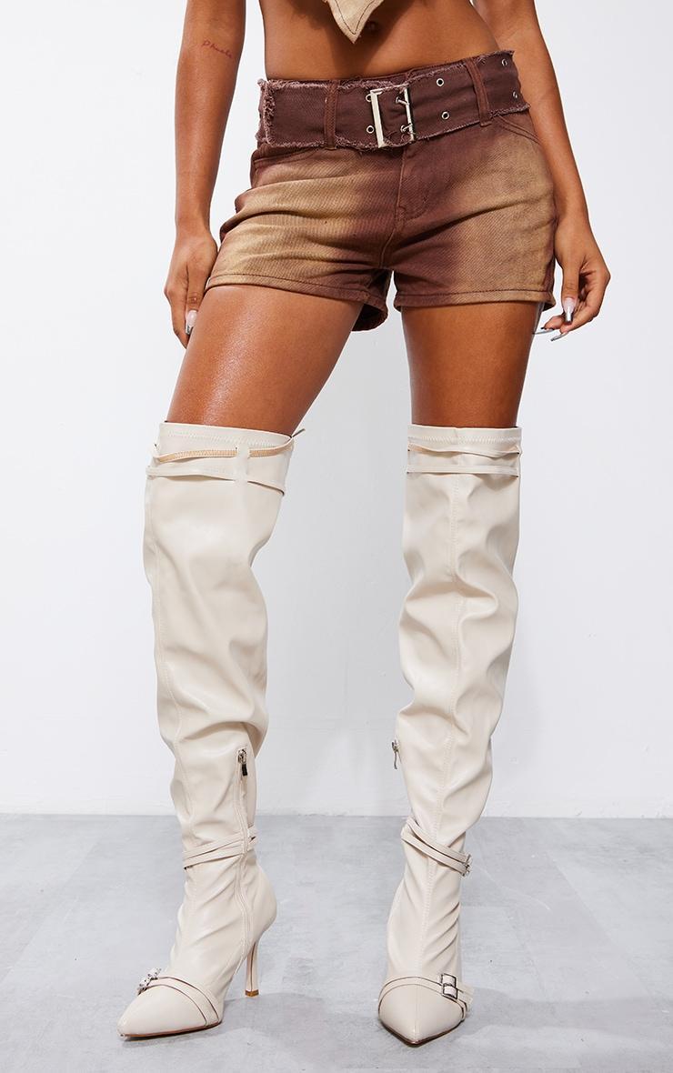 Washed Brown Eyelet Detail Belted Denim Shorts Product Image