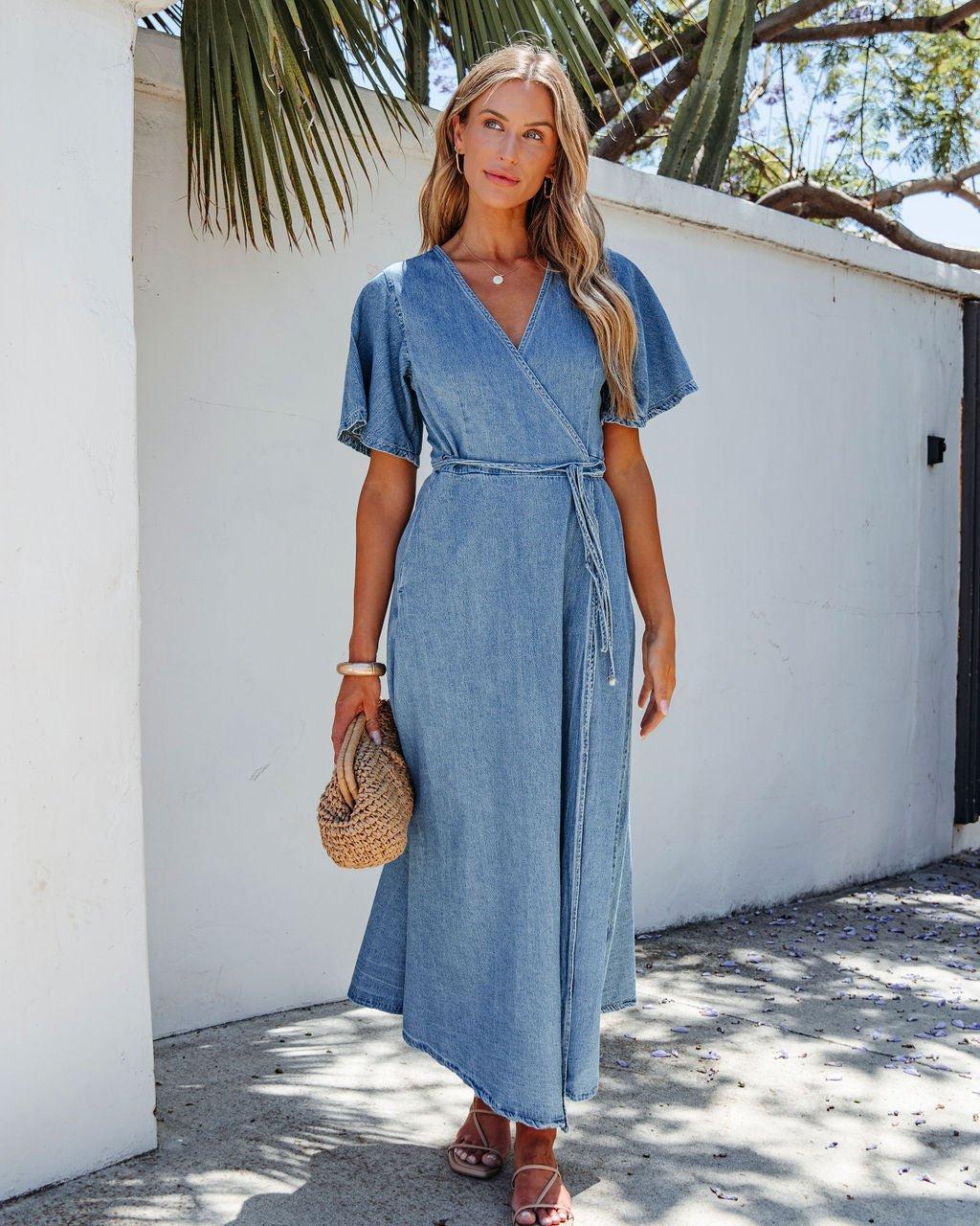 Denim Wrapped Front Maxi Dress Product Image