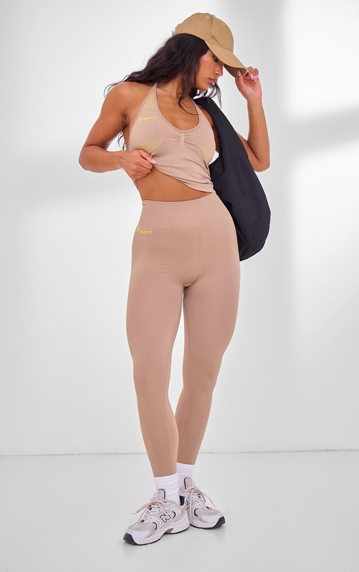 PLT SPORT Light Mocha Seamless Contrast Branding High Waist Leggings Product Image