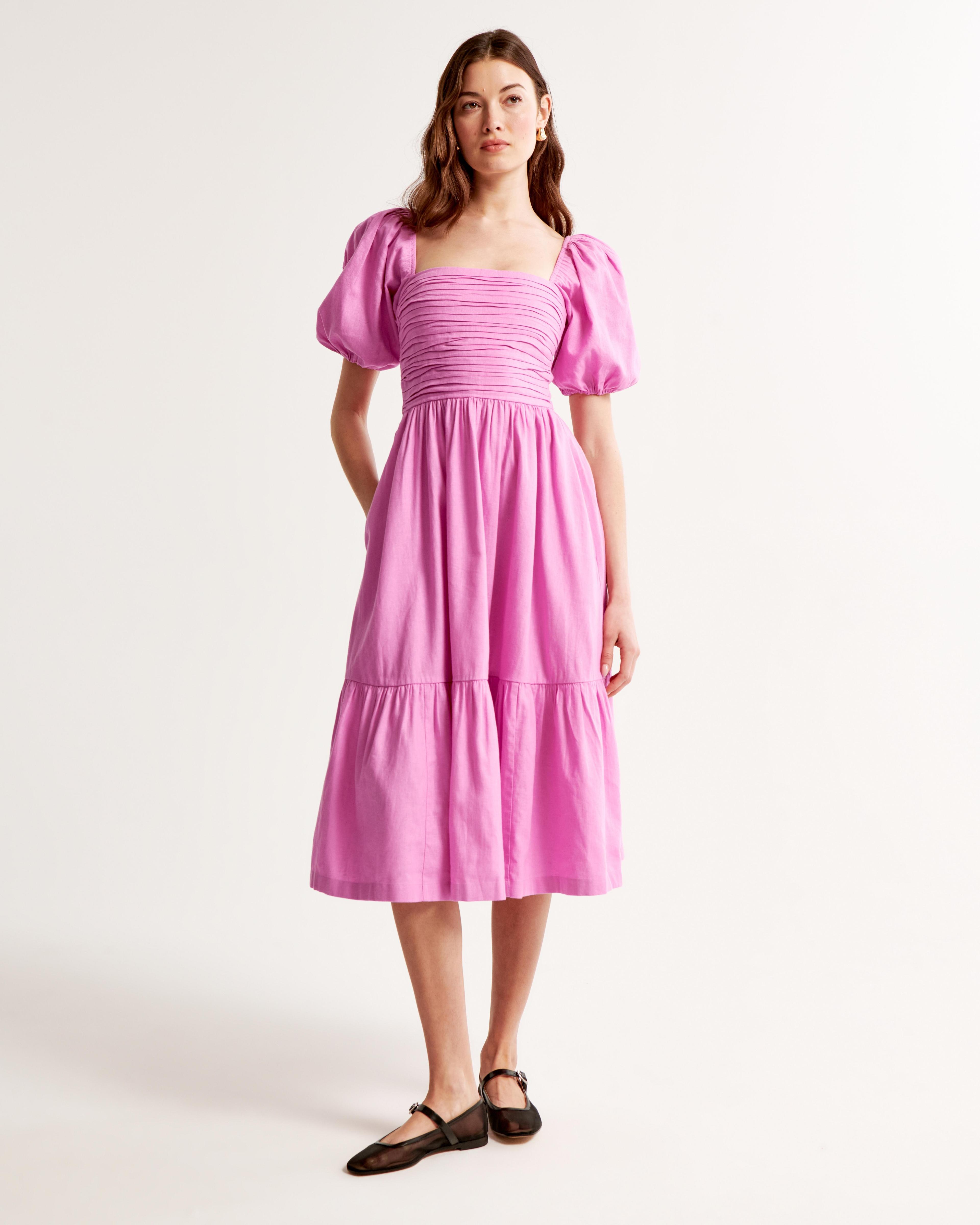 The A&F Emerson Linen-Blend Puff Sleeve Midi Dress Product Image