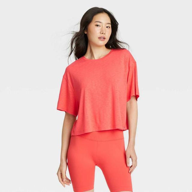 Womens Boxy Open Back Cropped Short Sleeve Shirt - JoyLab Coral Red M Product Image