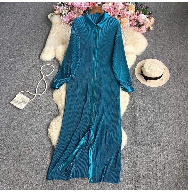 Long-Sleeve Button-Up Plain Maxi Dress Product Image