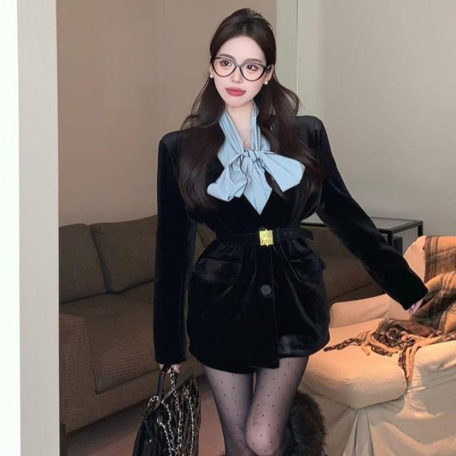 Long-Sleeve Tie-Neck Plain Blouse / Collarless Velvet Single-Breasted Blazer / Elastic Waist Shorts Product Image