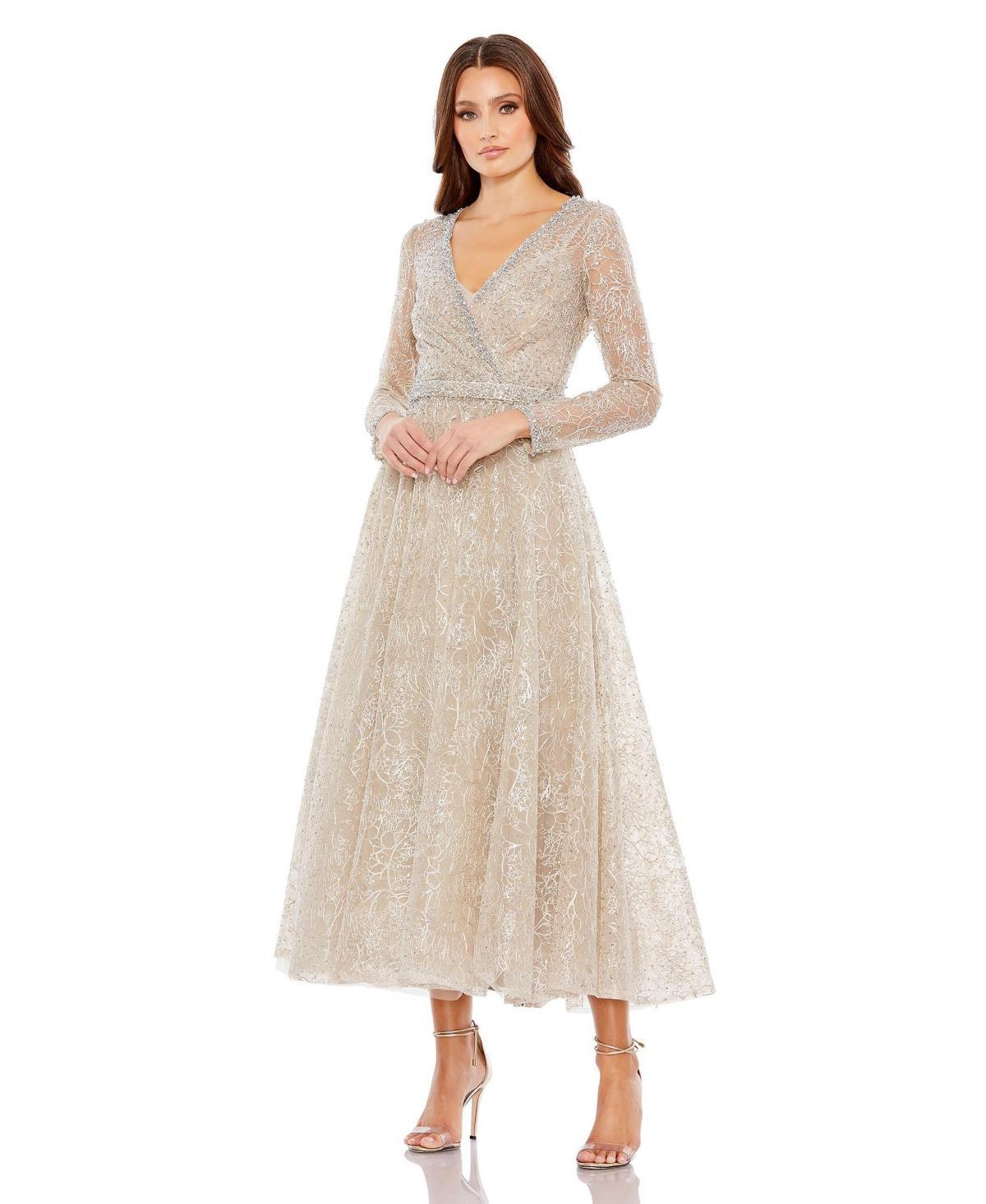 Womens Crystal-Embellished Long-Sleeve Midi-Dress Product Image