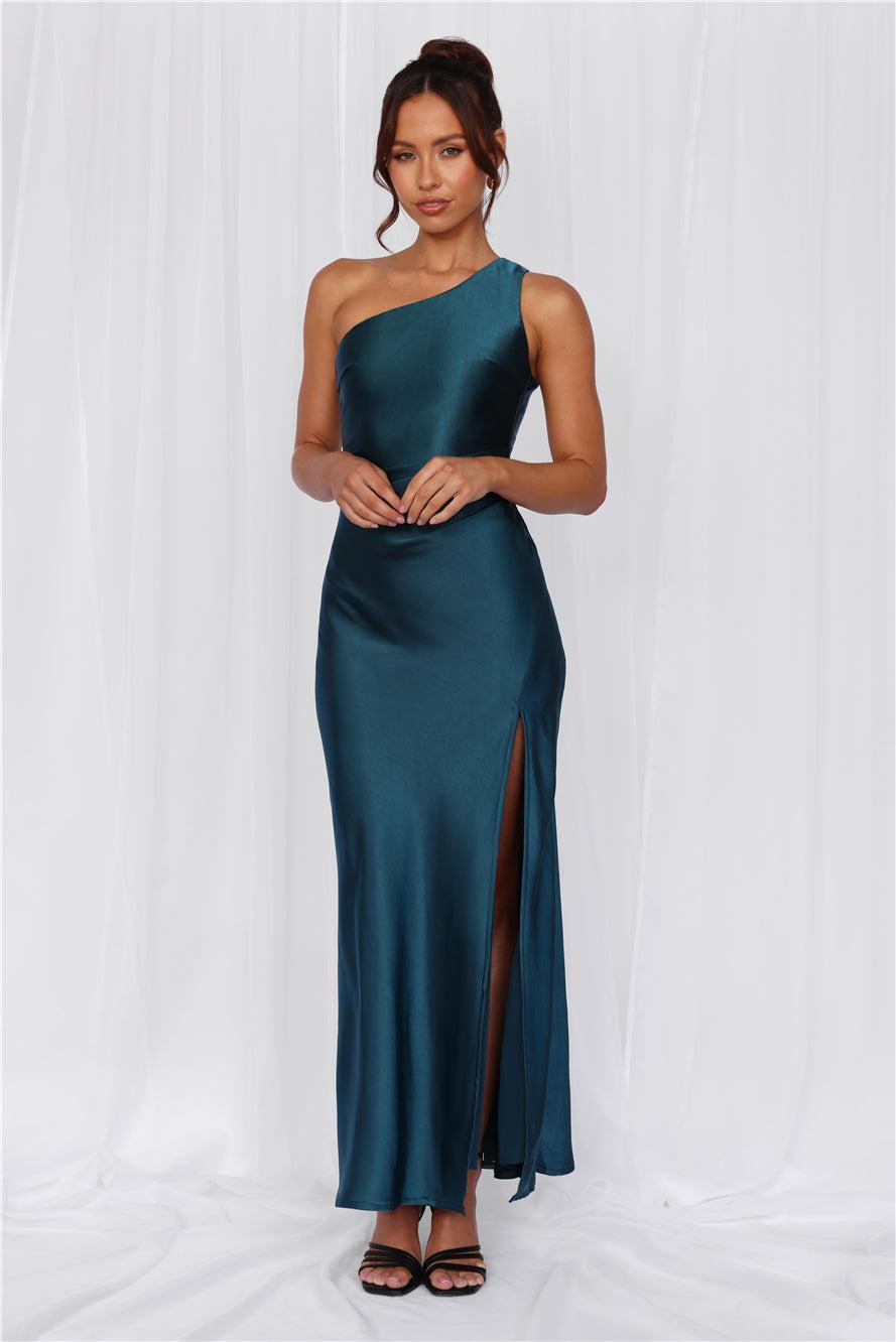 HELLO MOLLY The Aurora One Shoulder Satin Maxi Dress Teal Product Image