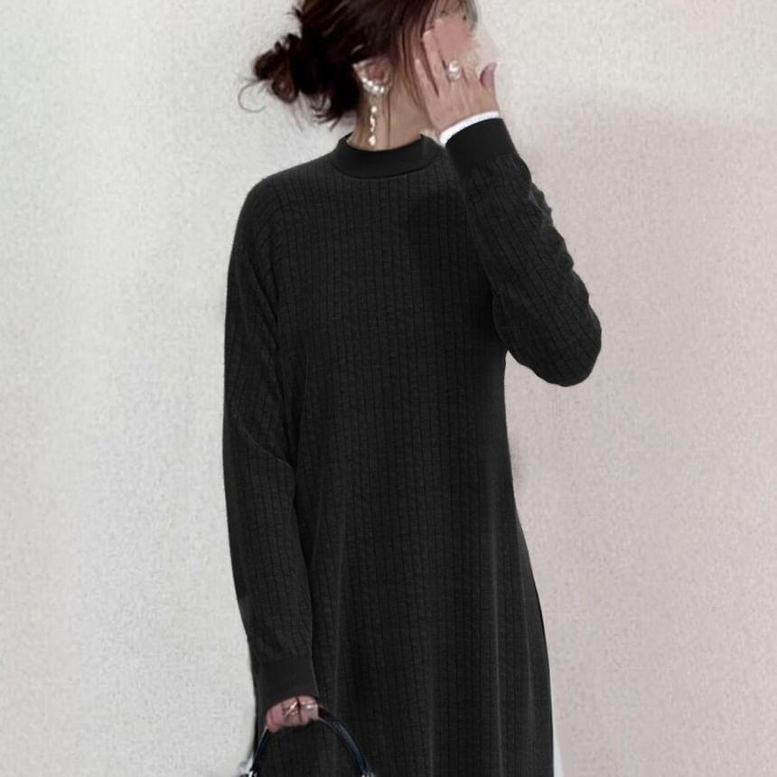 Long-Sleeve Mock Neck Two Tone Mock Two-Piece Maxi Sweater Dress Product Image