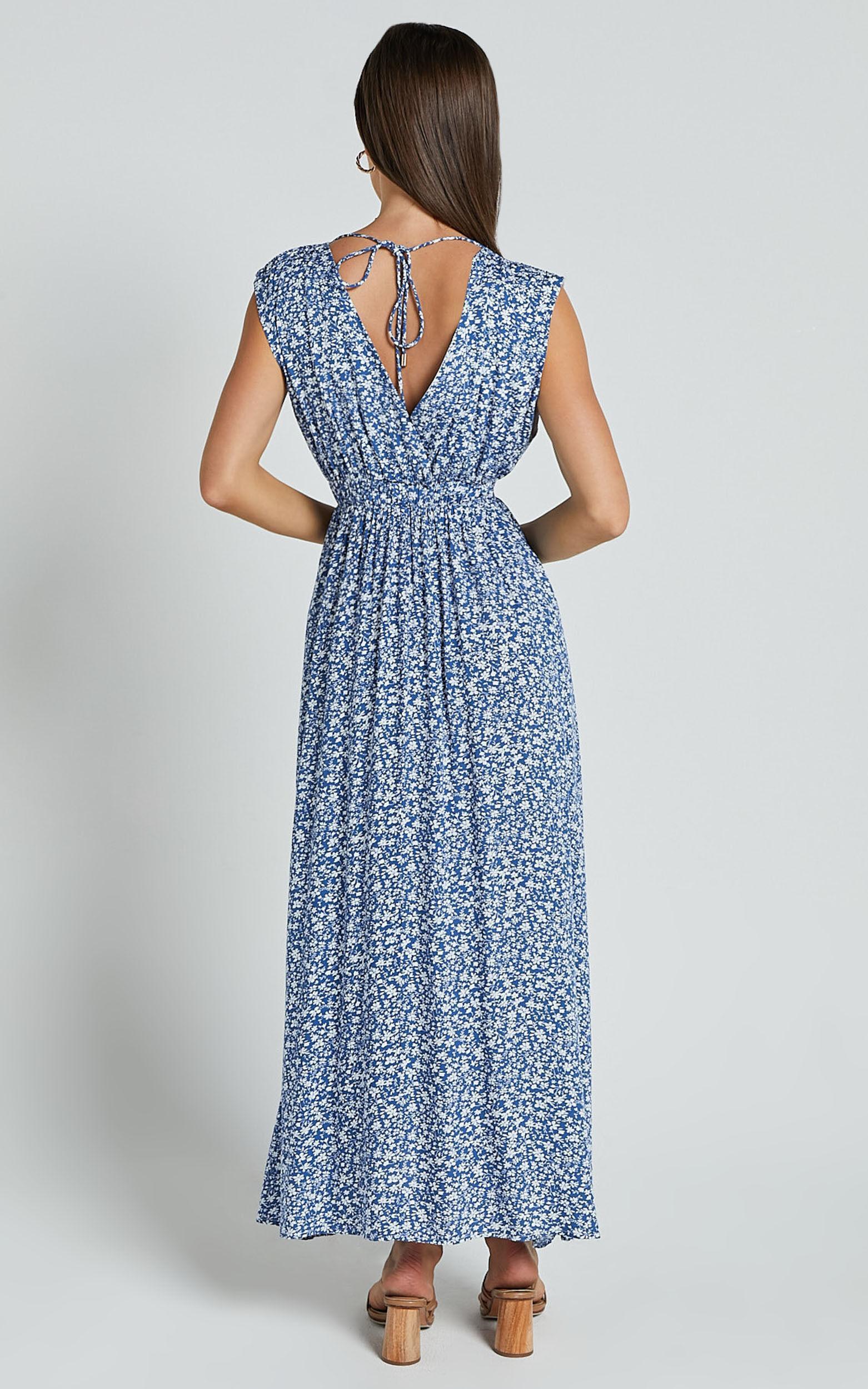 Valeri Midi Dress - Plunge Neck Sleeveless Tie Waist Dress in Blue Floral Product Image