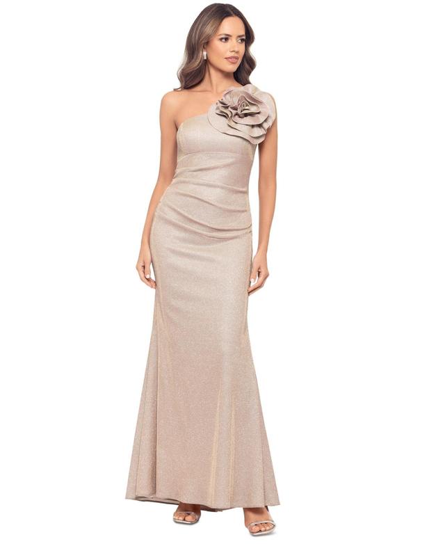 Betsy & Adam Womens Metallic Rosette One-Shoulder Gown - White/Pink Product Image