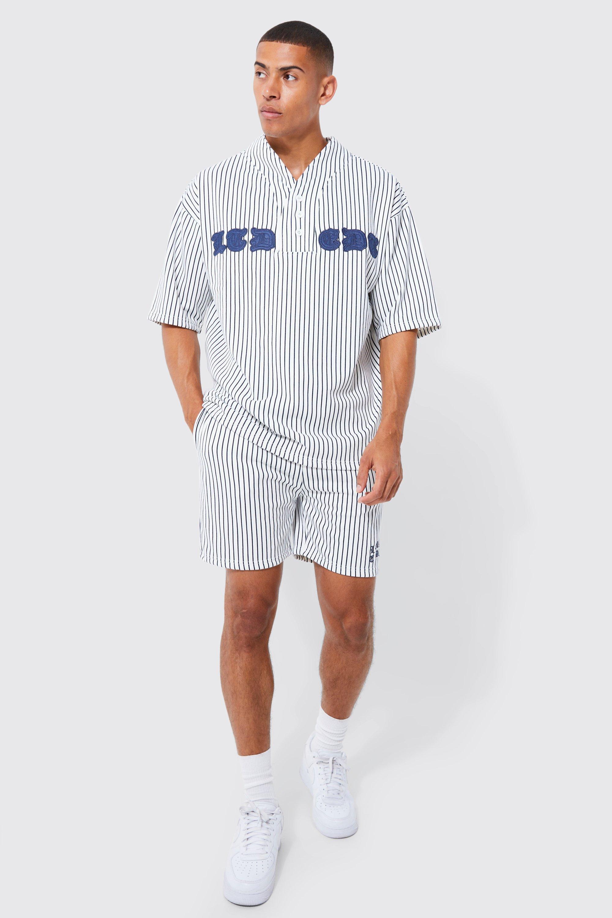 Mens Cream Oversized Pinstripe Baseball Polo & Short Set, Cream Product Image