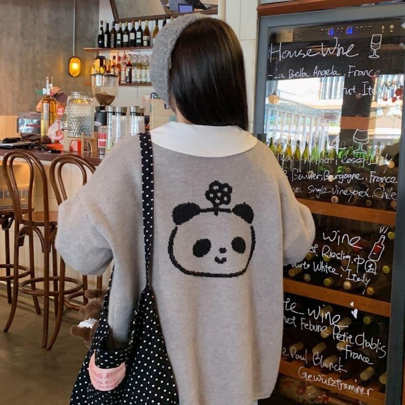 Crewneck Panda Embroidery Cardigan / High Rise Wide Leg Jeans / Long-Sleeve Blouse Product Image