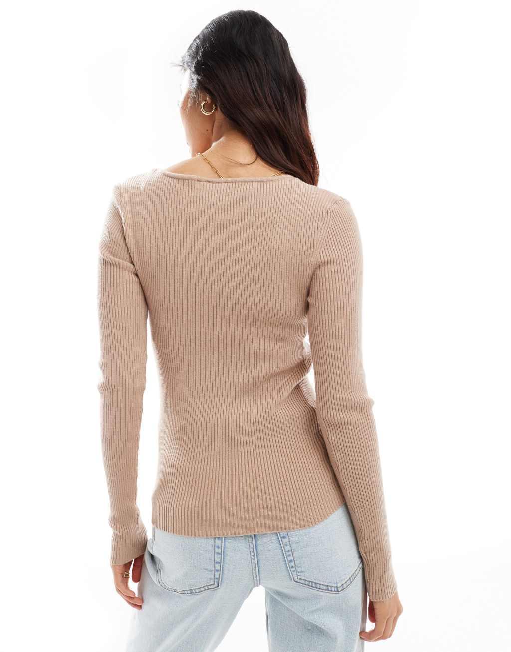 YAS asymmetric neck long sleeve knitted top in beige Product Image