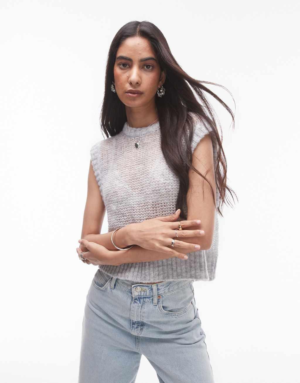 Topshop knit sheer tank in gray product image