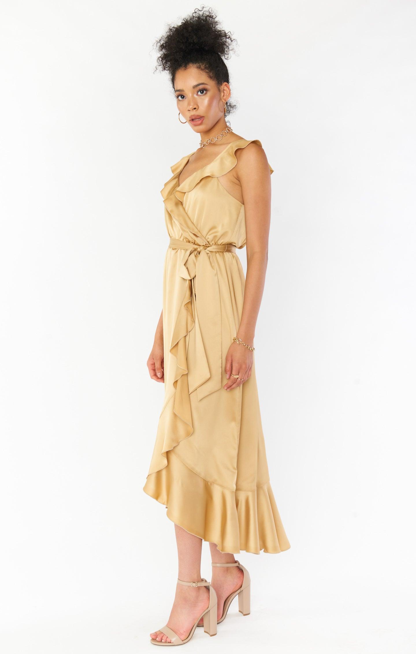 Samantha Ruffle Wrap Dress ~ True Gold Luxe Satin Product Image