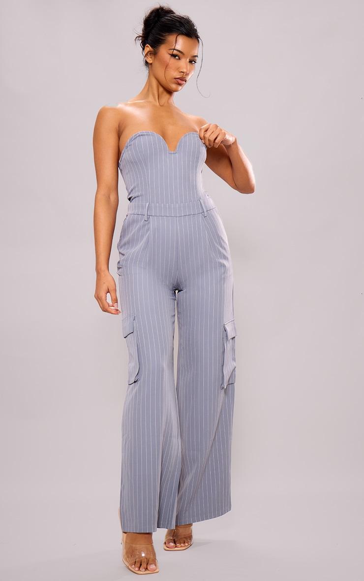 Charcoal Pinstripe Bandeau Wide Leg Jumpsuit Product Image