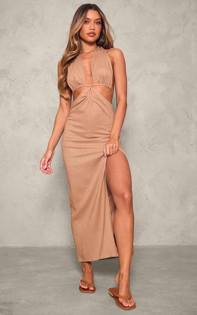  Camel Halterneck Backless Maxi Dress Product Image