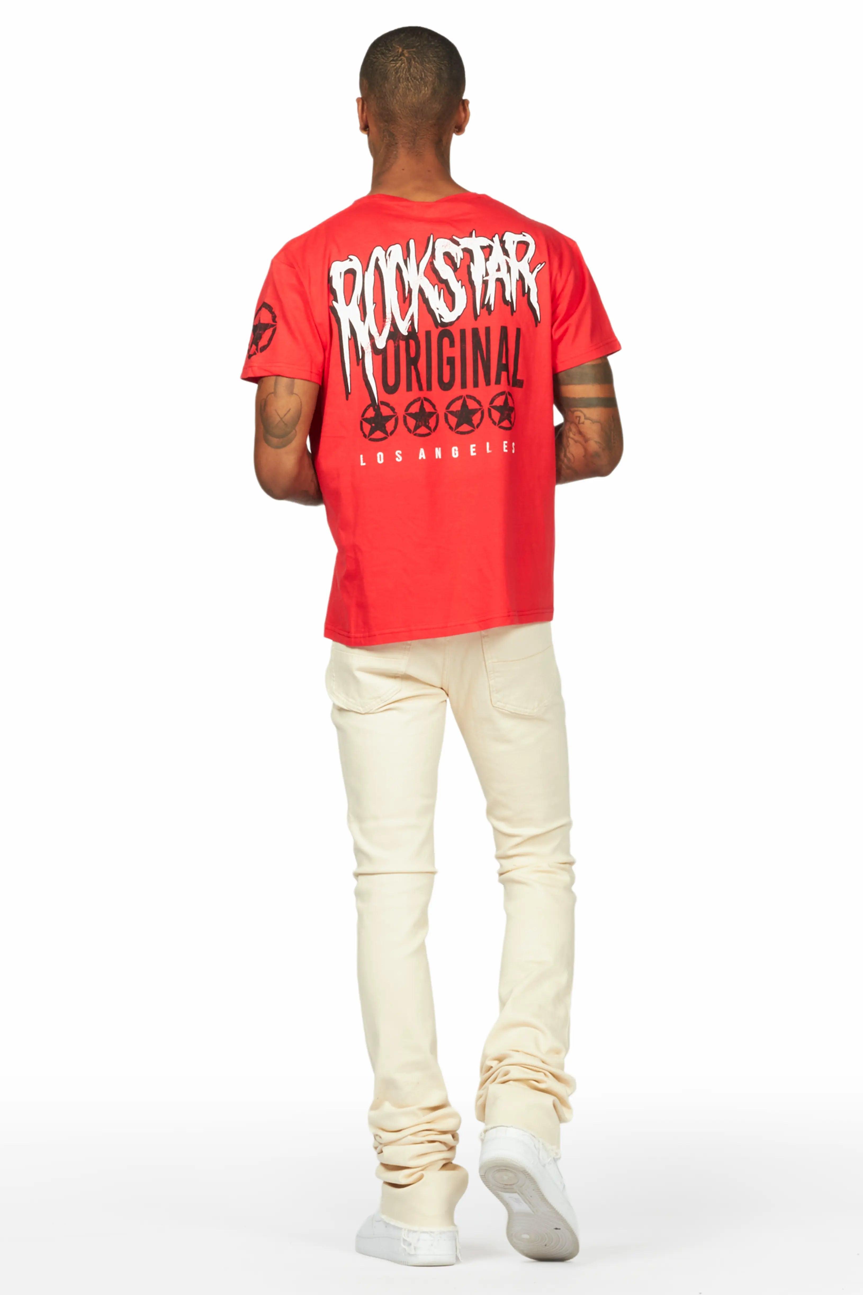 Wizzurd Red T-Shirt & Josiah Beige Super Stacked Flare Jean Bundle Male Product Image