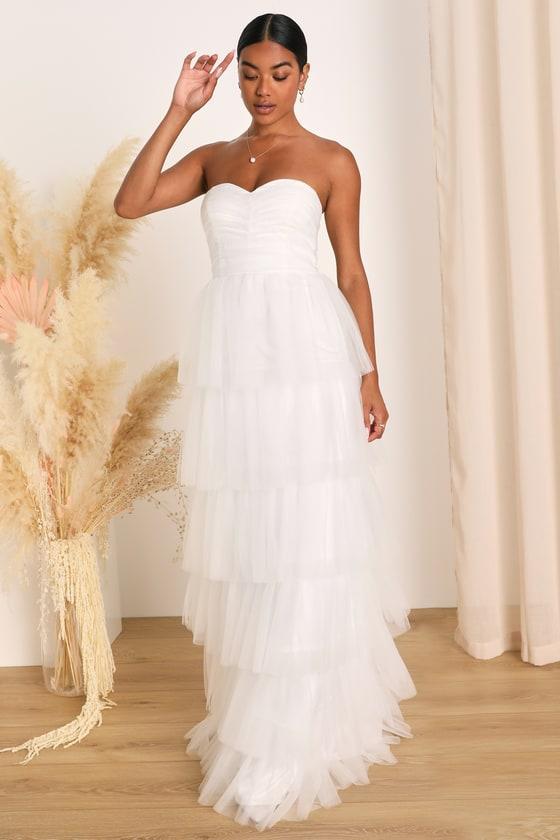 Phenomenal Passion White Tulle Pleated Strapless Maxi Dress Product Image