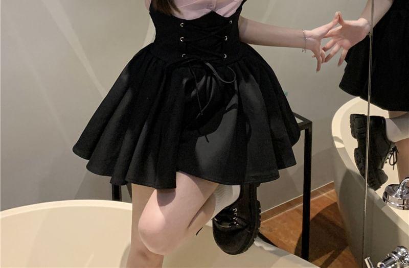 Short-Sleeve Plain Ruffle Trim Cropped Blouse / High Rise Lace-Up Mini A-Line Overall Skirt Product Image