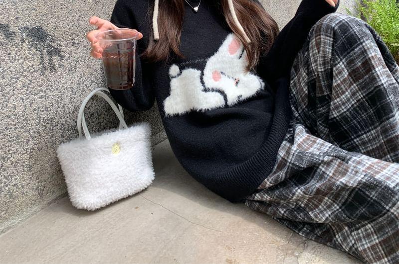 Crew Neck Rabbit Print Sweater / Mid Rise Plaid Wide Leg Pants Product Image