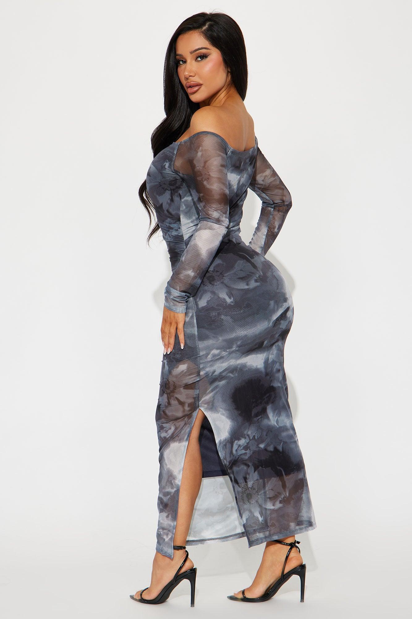 Olivia Off Shoulder Mesh Maxi Dress - Black/Grey Product Image