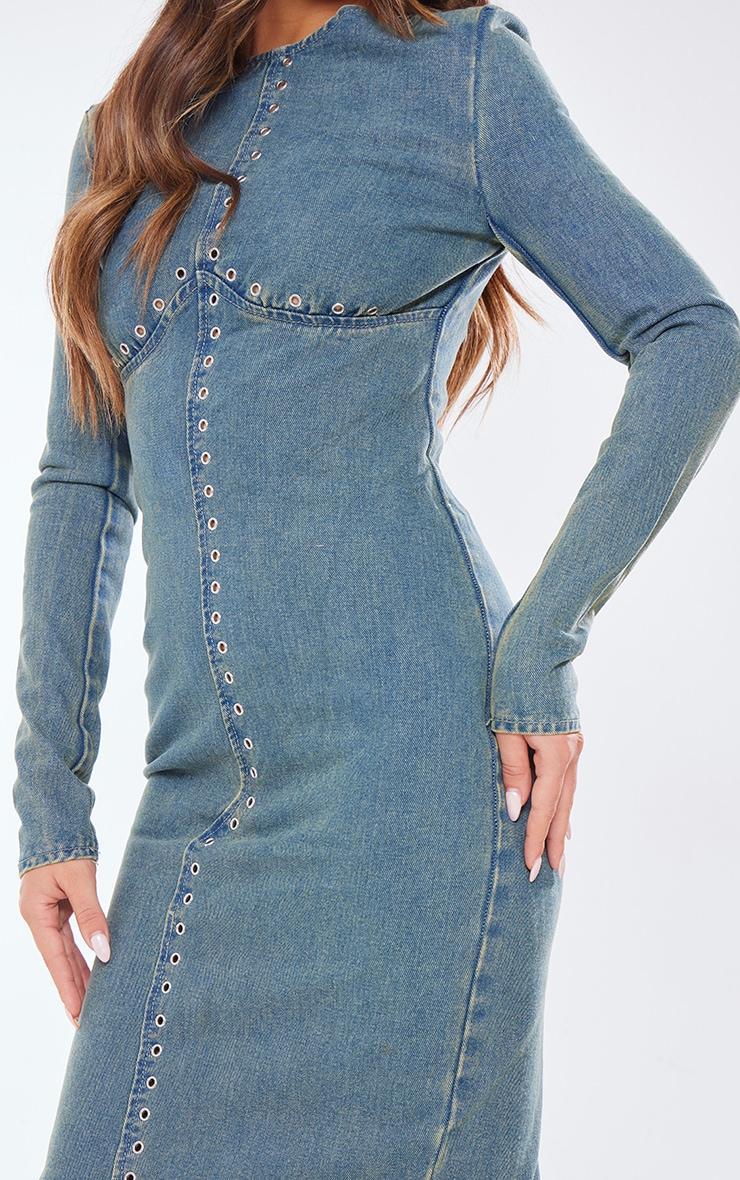 Vintage Mid Wash Eyelet Detail Denim Maxi Dress Product Image