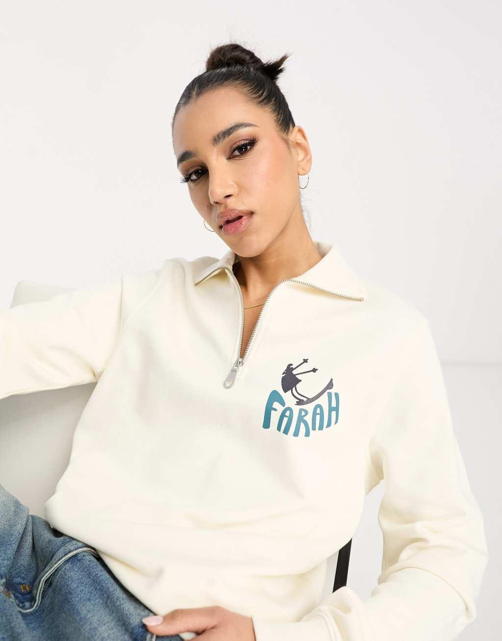 Farah Hoffman 1/4 zip boyfriend fit sweatshirt in off white with back print Product Image