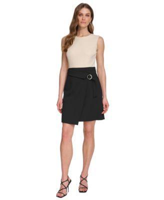 DKNY Stretch Crew Neck Sleeveless Faux Wrap Buckle Skirt Dress Product Image