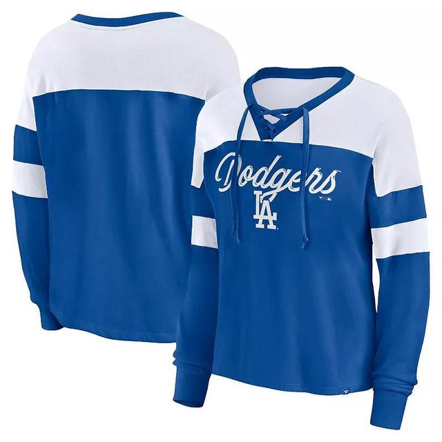 Womens Fanatics Branded Royal/White Los Angeles Dodgers Even Match Lace-Up Long Sleeve V-Neck T-Shirt Product Image