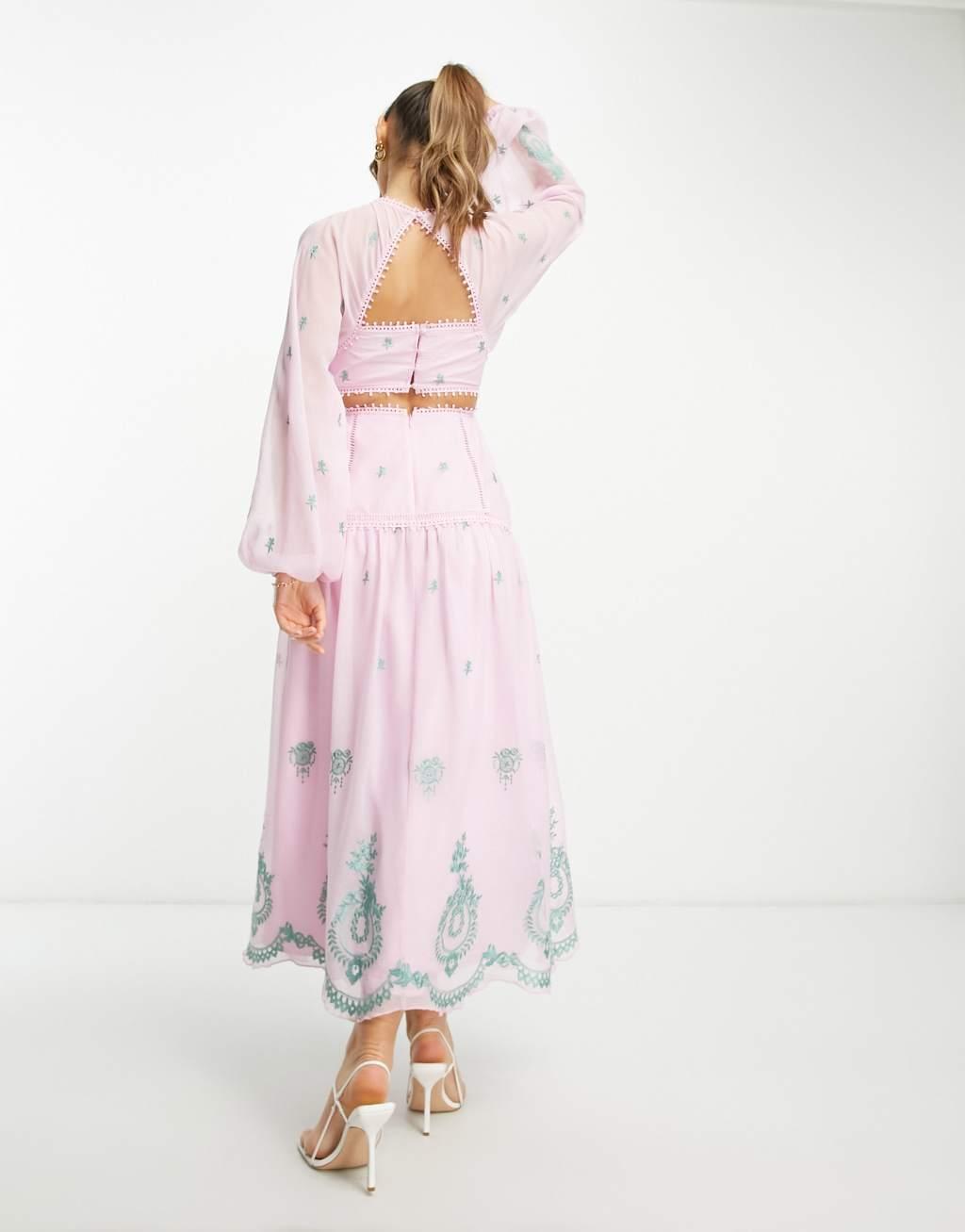 ASOS DESIGN v neck open back embroidered maxi dress with trim detail in pink Product Image