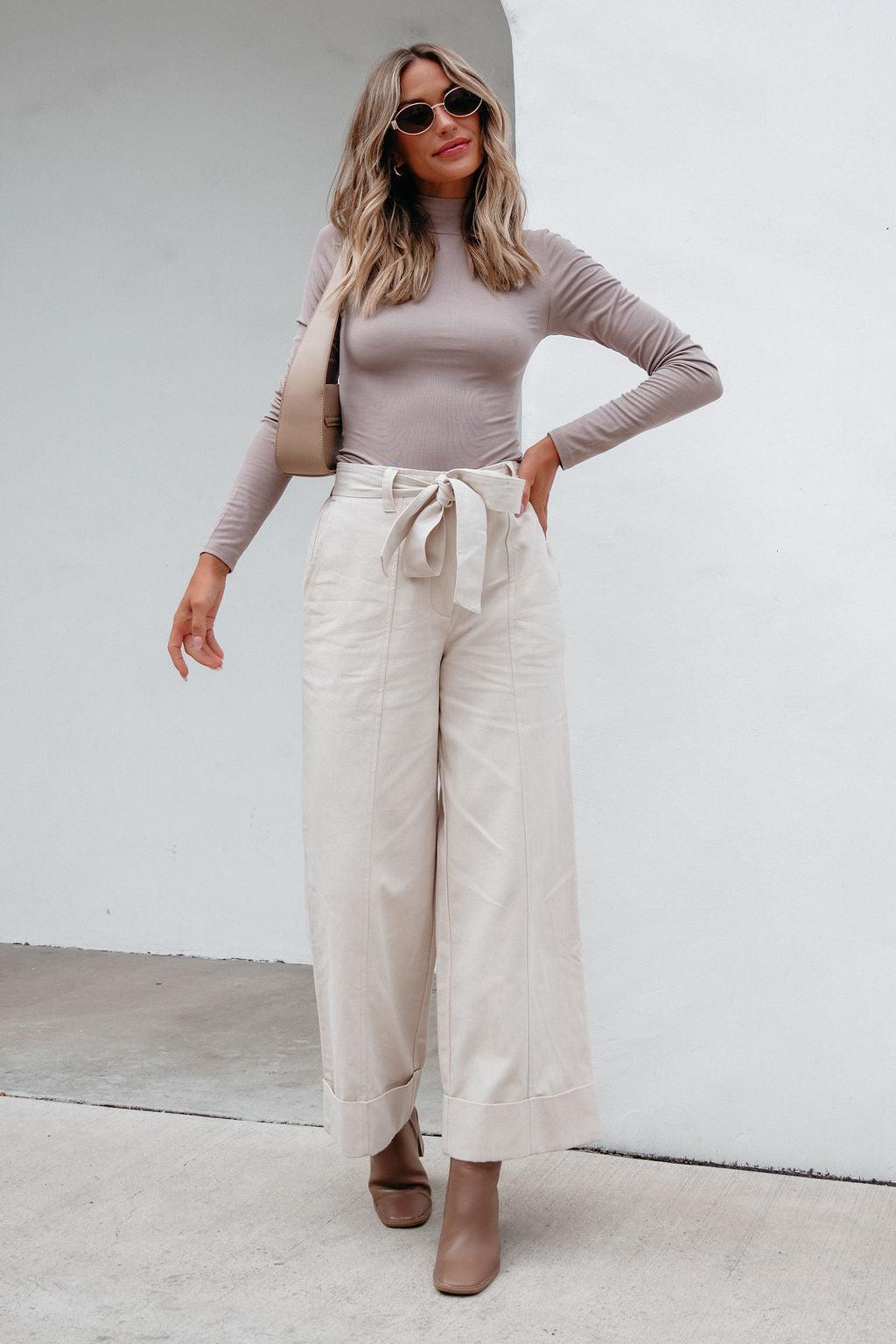 Belted Wide Leg Cuffed Pants - Natural - FINAL SALE product image