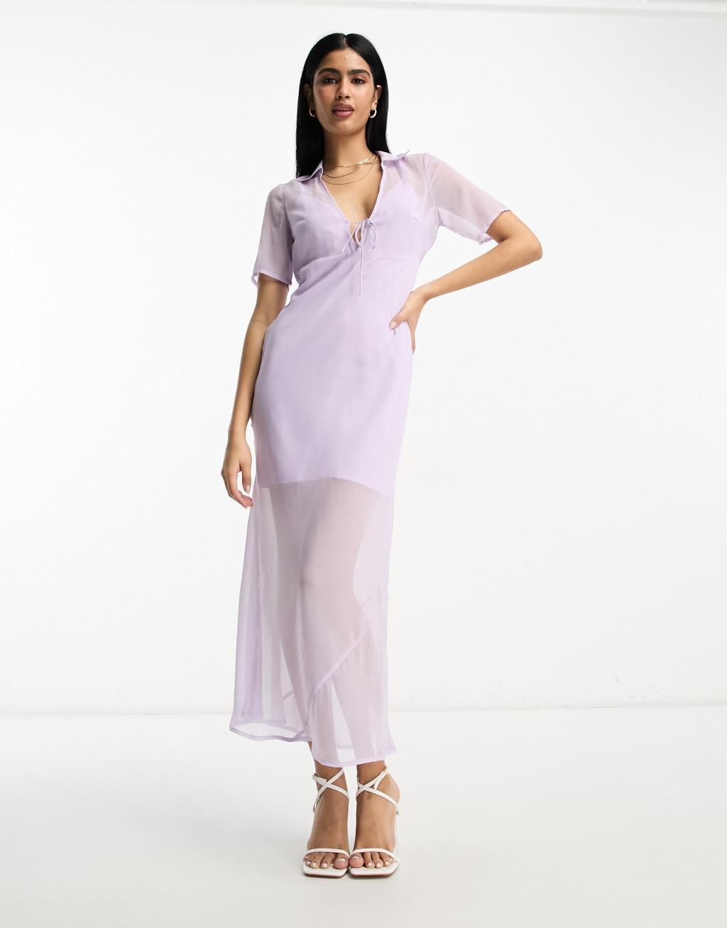 ASOS DESIGN chiffon short sleeve collar midi dress Product Image