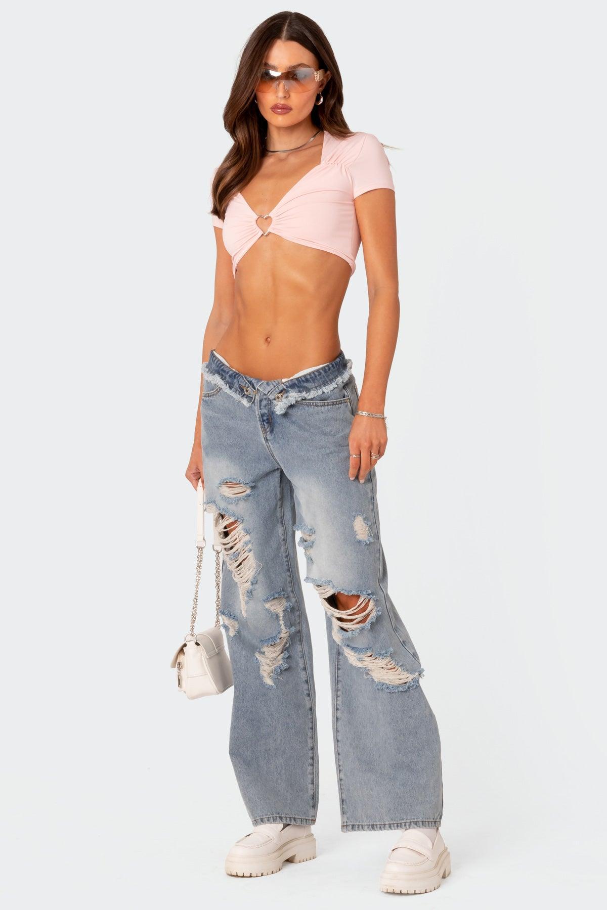 Distressed Fold Over Boyfriend Jeans product image