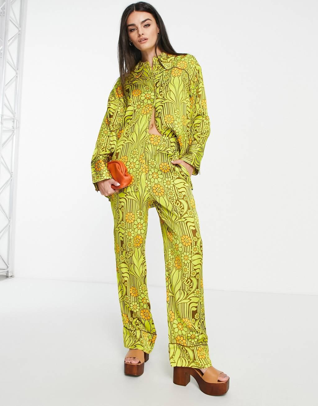 Damson Madder poly satin pants in retro yellow floral - part of a set Product Image