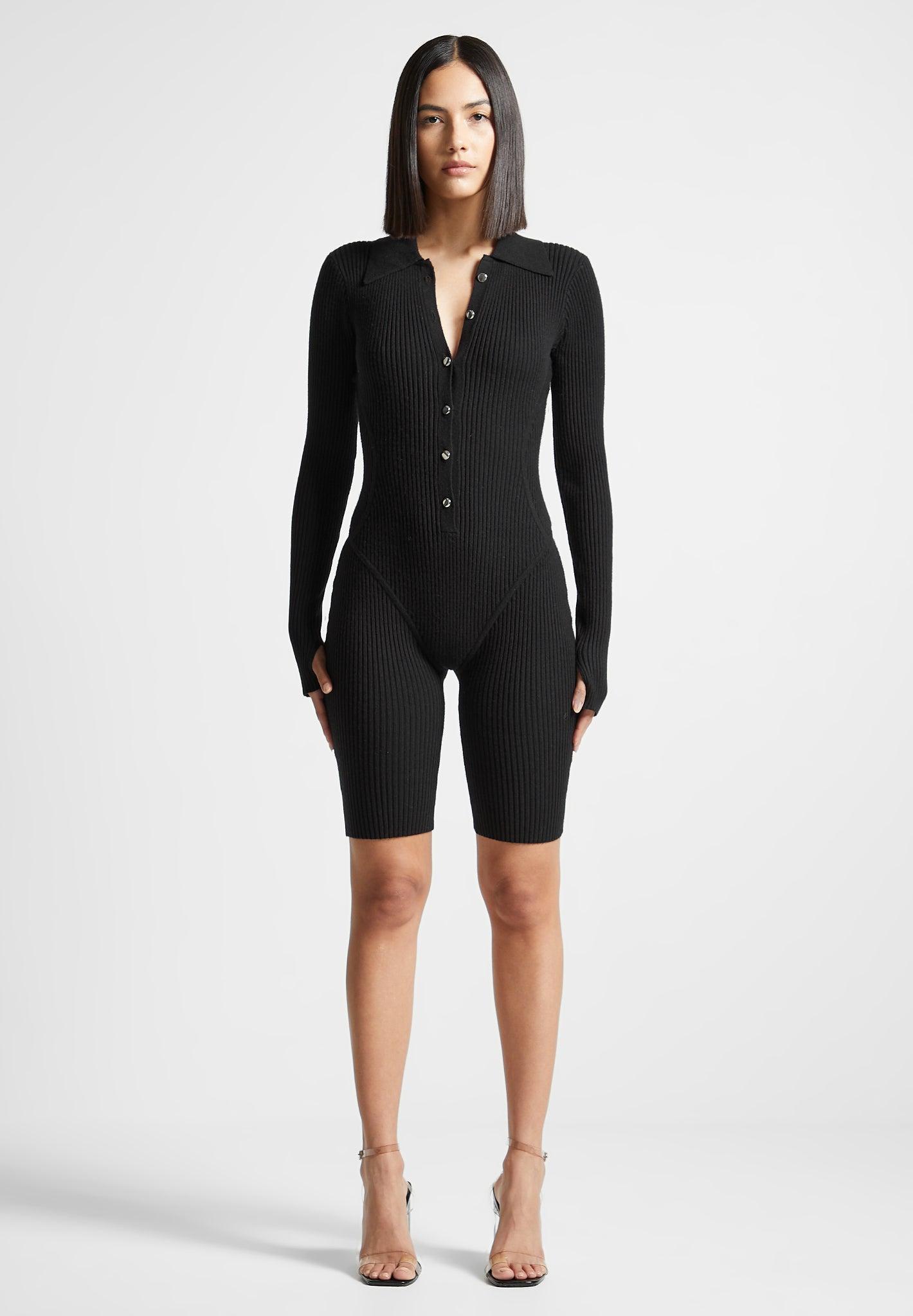 Ribbed Knit Long Sleeve Playsuit - Black Female Product Image