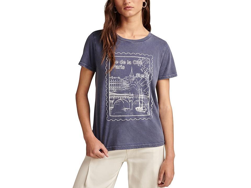 Lucky Brand Paris Post Stamp Classic Crew (Washed Blue) Women's Clothing Product Image