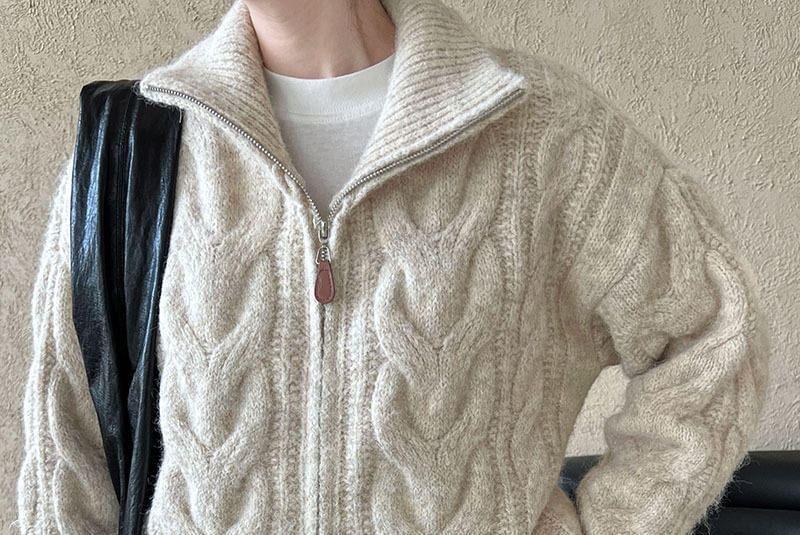 Drop Shoulder Plain Cable Knit Zip Up Cardigan Product Image