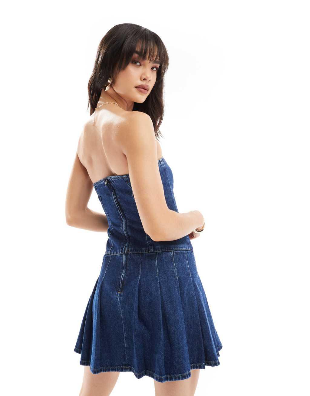 ASOS DESIGN denim pleated dress in mid blue Product Image